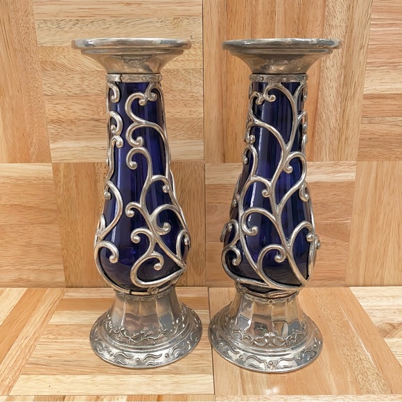 Rare Vintage MCM Mid Century Cobalt Blue Caged Glass Ornate 10” Candle Holder - Picture 5 of 12